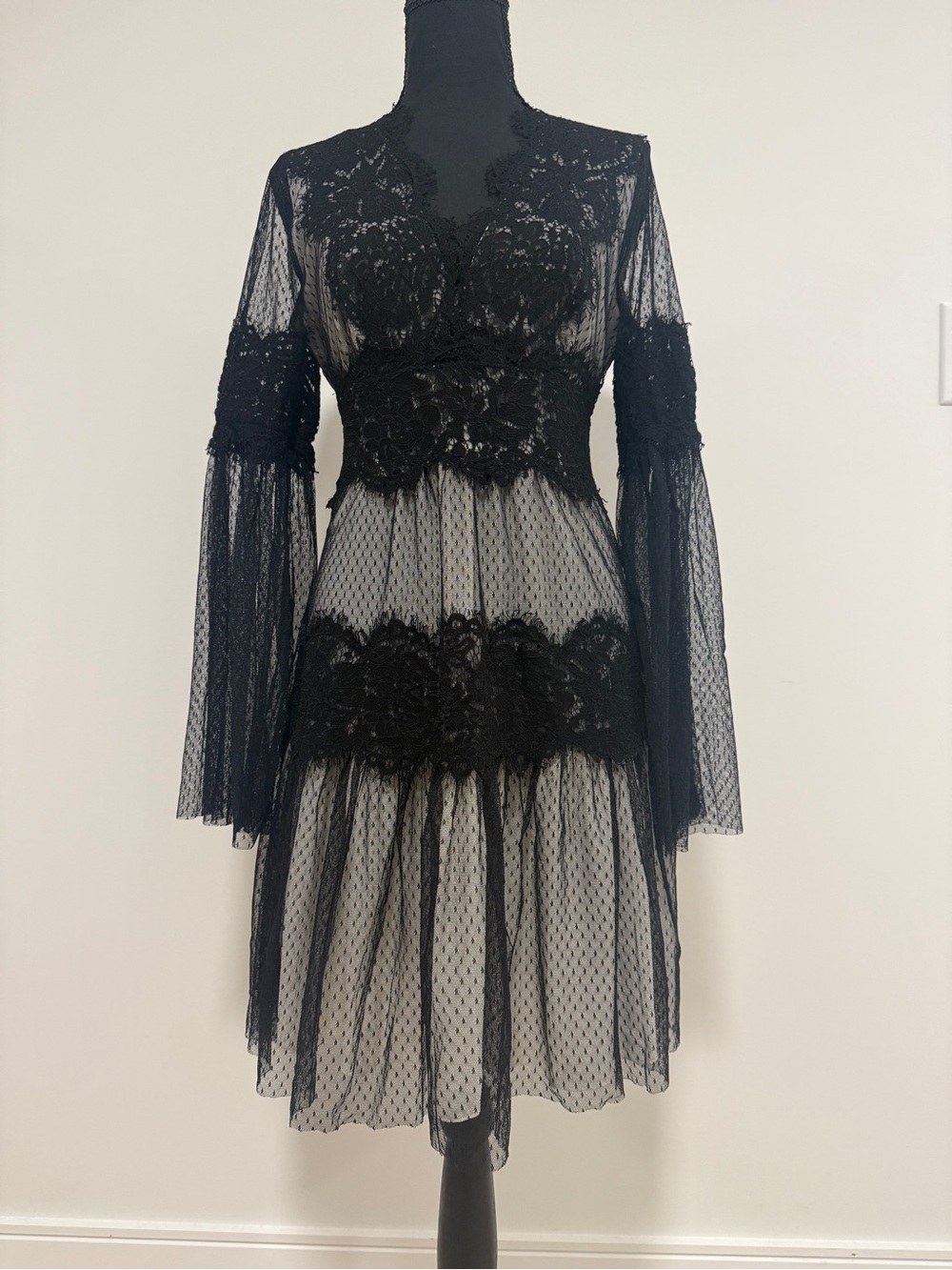 Babylon Collection Italy Black Lace Dress Sz 42 US S/M Long Sleeve Sheer Tullei